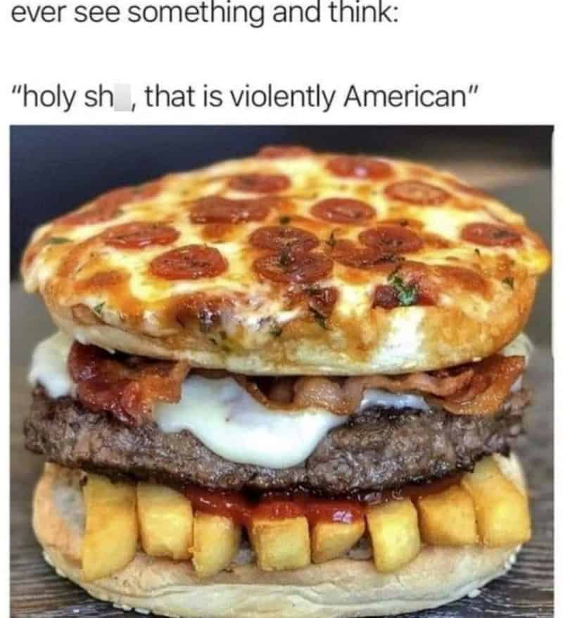 A burger with pizza on top, fries at the bottom, and various toppings.