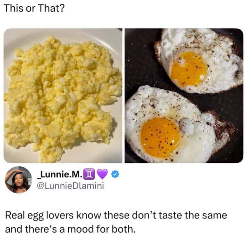 Comparison of scrambled eggs and fried eggs with yolks, captioned 'This or That?'.