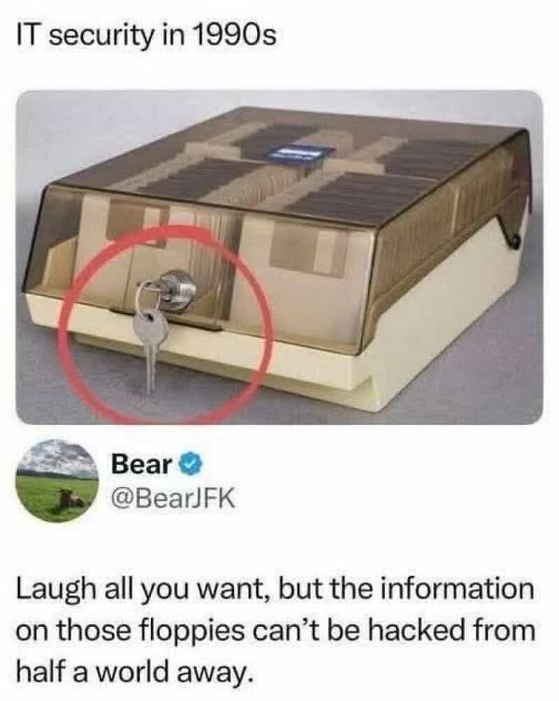 Image of a floppy disk with a key in the lock, caption about 1990s IT security.