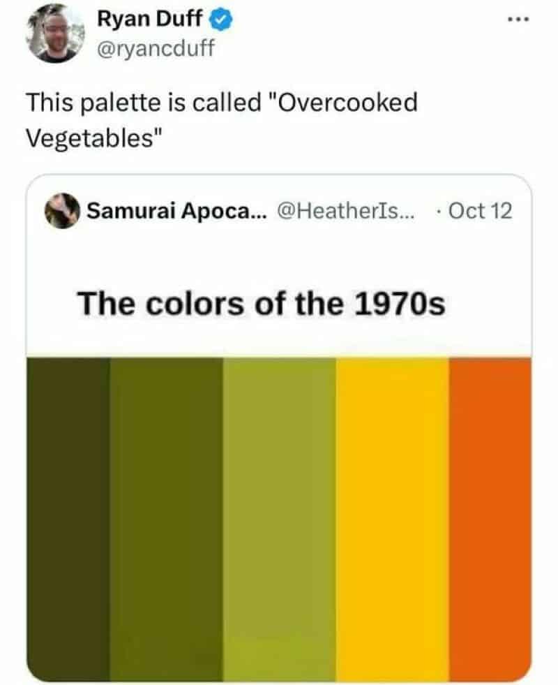 The colors of the 1970s: dark green, olive green, yellow-green, yellow, orange.