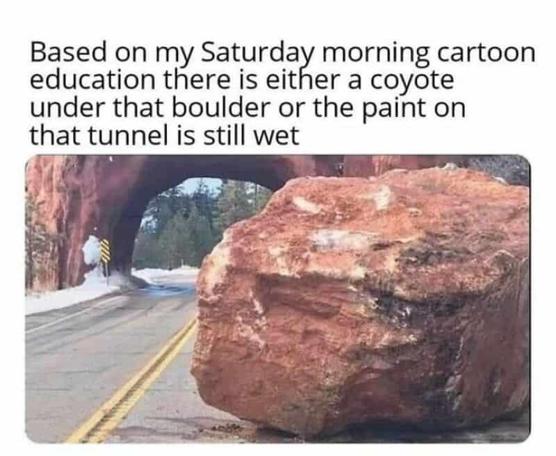 Cartoon coyote under tunnel with large boulder blocking road, based on Saturday cartoon education.