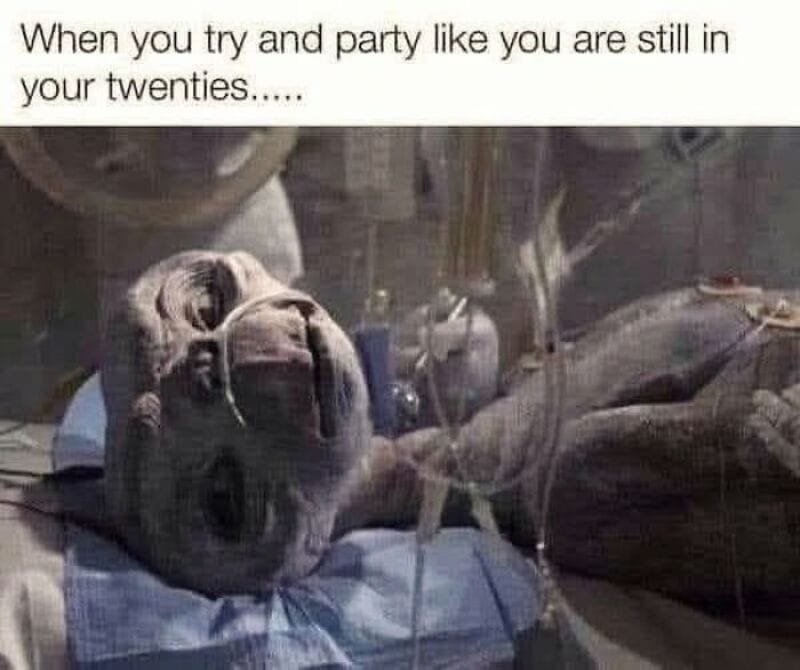 Dog lying in a hospital bed with IV drip, caption about partying in twenties.