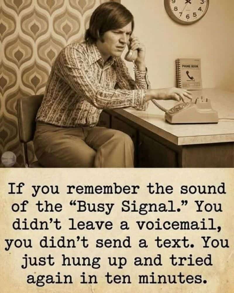 Woman on phone with vintage typewriter, busy signal message, and text about missed calls.