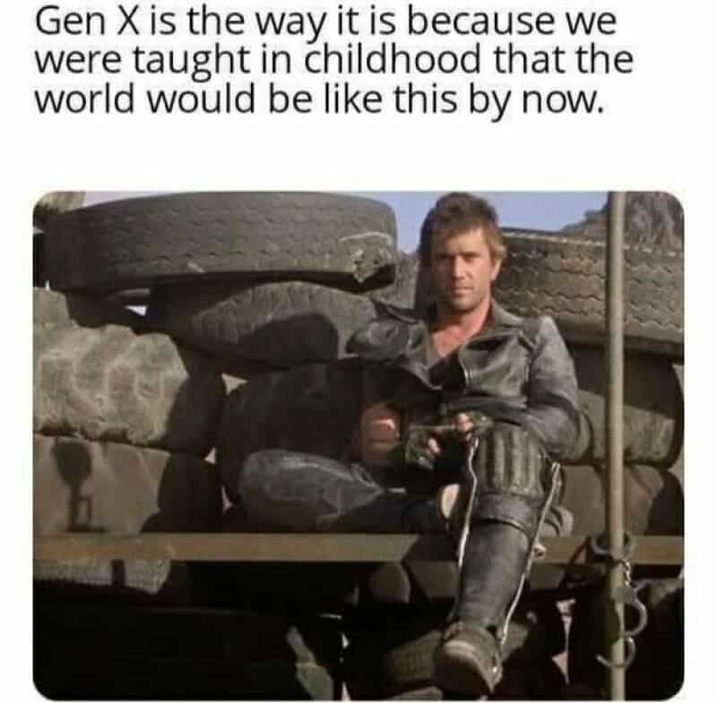 Image of a man sitting on a vehicle with tires, with a quote about Gen X and childhood.