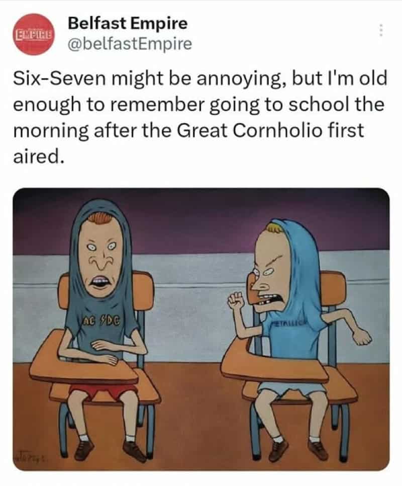Two animated kids in school desks, one with Metallica shirt, the other with AC/DC shirt, arguing.