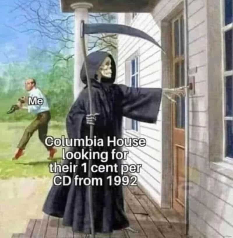 Grim Reaper with scythe knocking on a house door, person labeled 'Me' in background.