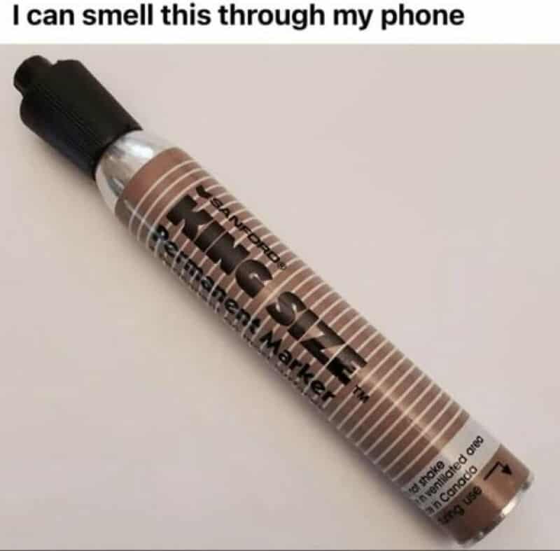 A marker with the text "I can smell this through my phone" above it.