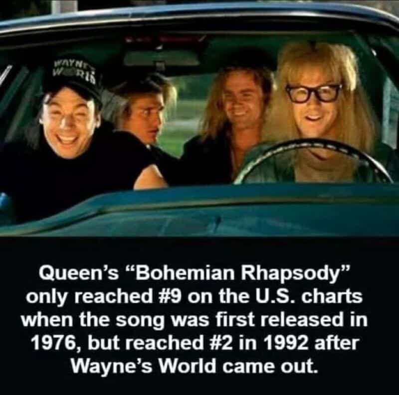 Queen's 'Bohemian Rhapsody' reached #9 on U.S. charts in 1976, #2 in 1992 after Wayne's World.