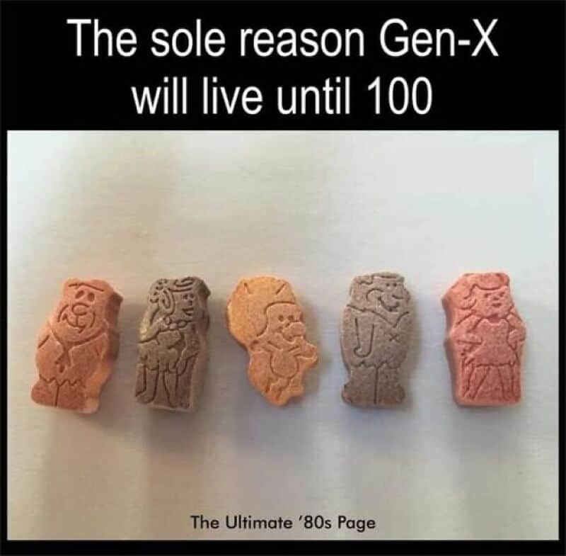 Five vintage '80s candy tablets with cartoon characters and the caption about Gen-X living until 100.