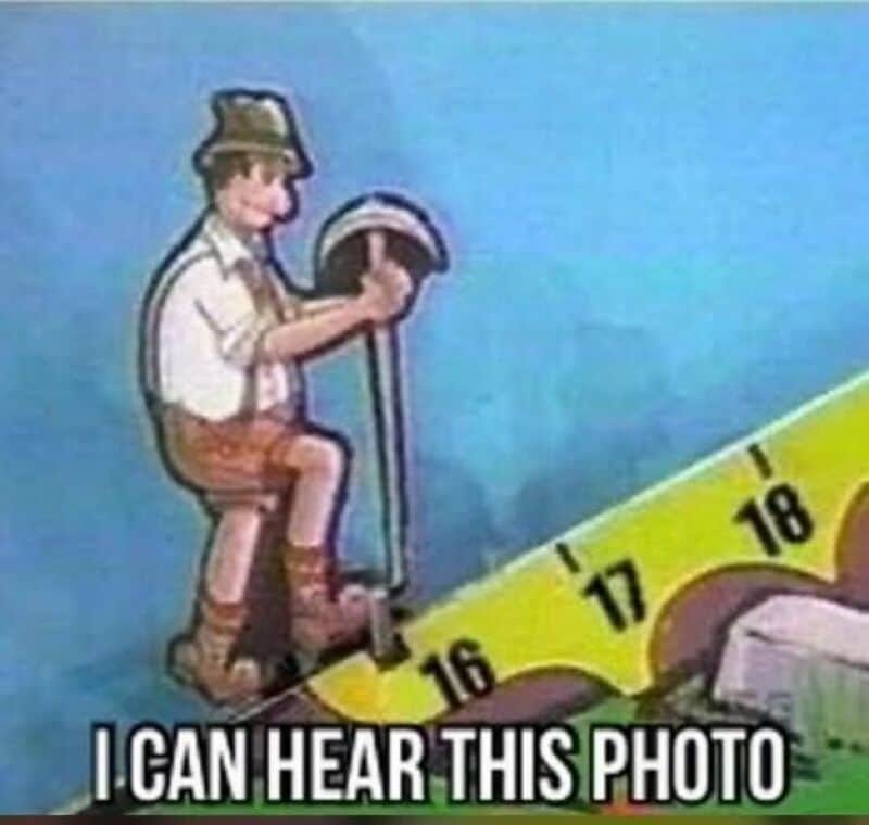 Child with a hat and headphones, hearing a photo with a measuring tape, captioned 'I CAN HEAR THIS P.