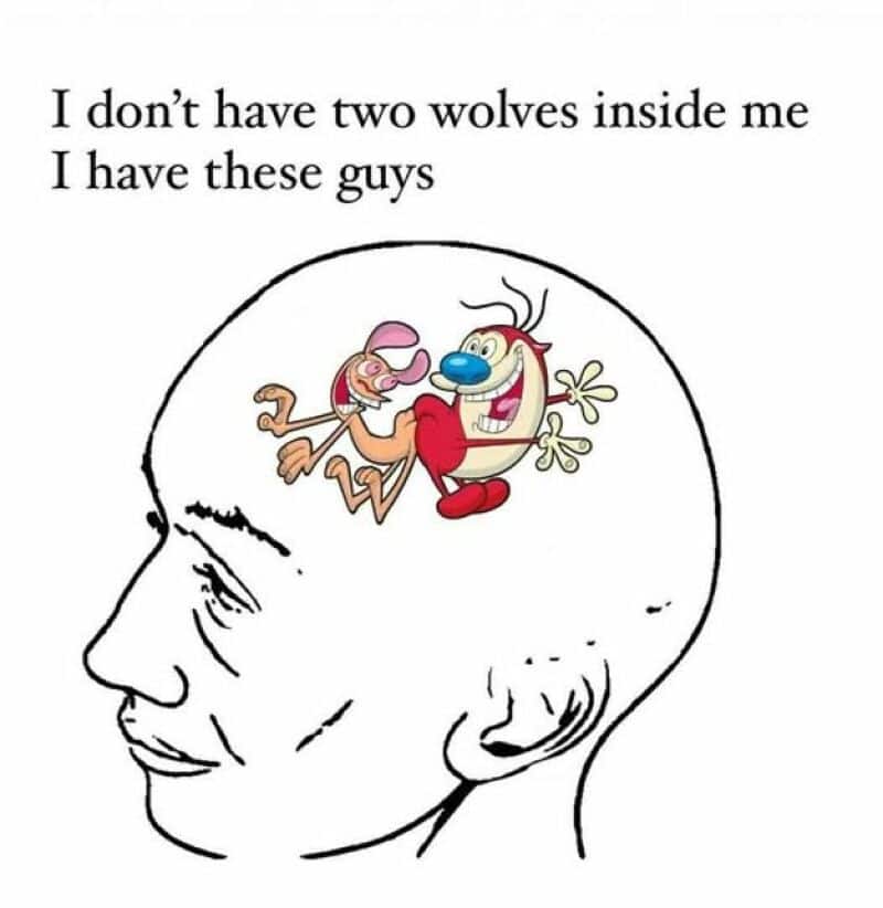Cartoon characters inside a human head with text about wolves and guys.