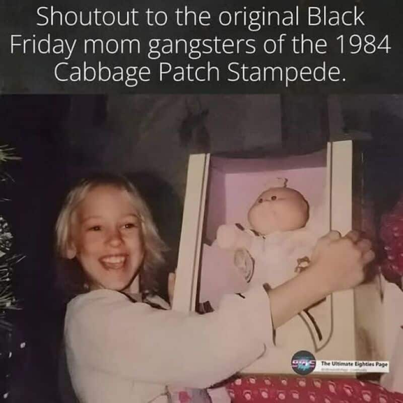 Girl with blonde hair holding a framed photo of a baby doll, with text about Black Friday gangsters.