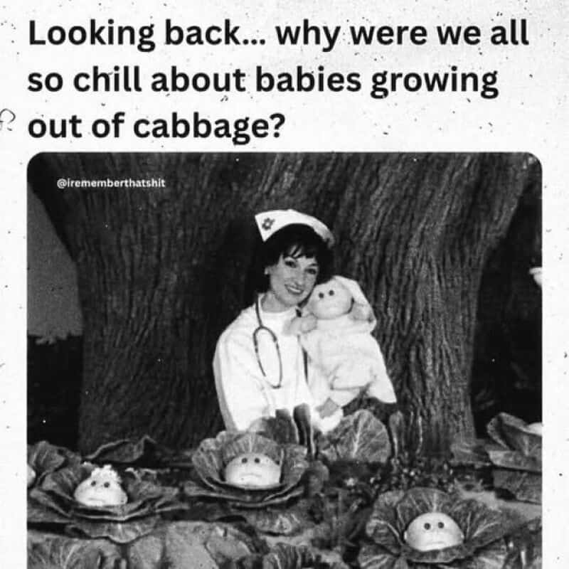 Nurse with a baby doll and cabbages with faces, humorous meme about babies and cabbage.