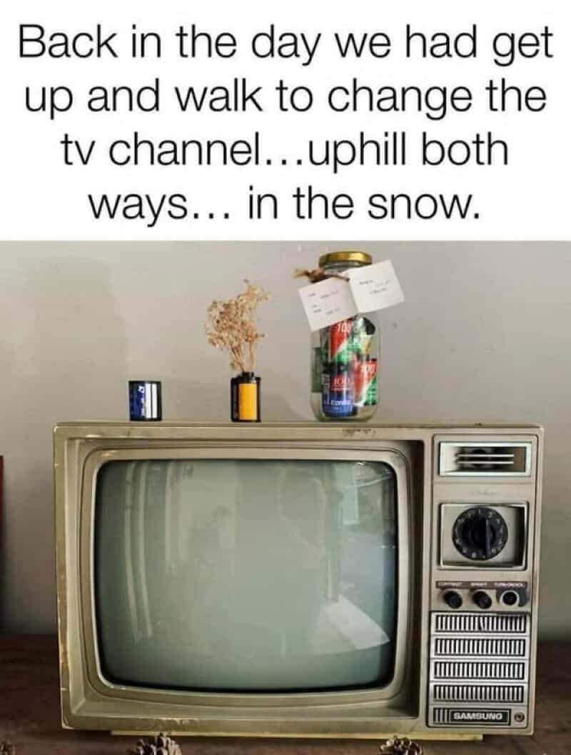 Retro TV with a snow-covered screen and a caption about changing channels in snow.
