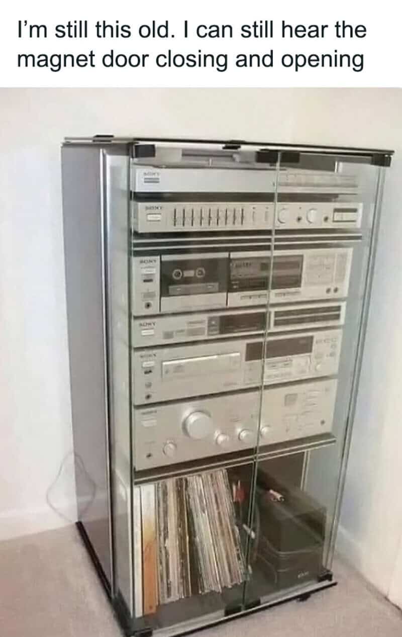 Old stereo system with glass doors, hearing the magnet door closing and opening.
