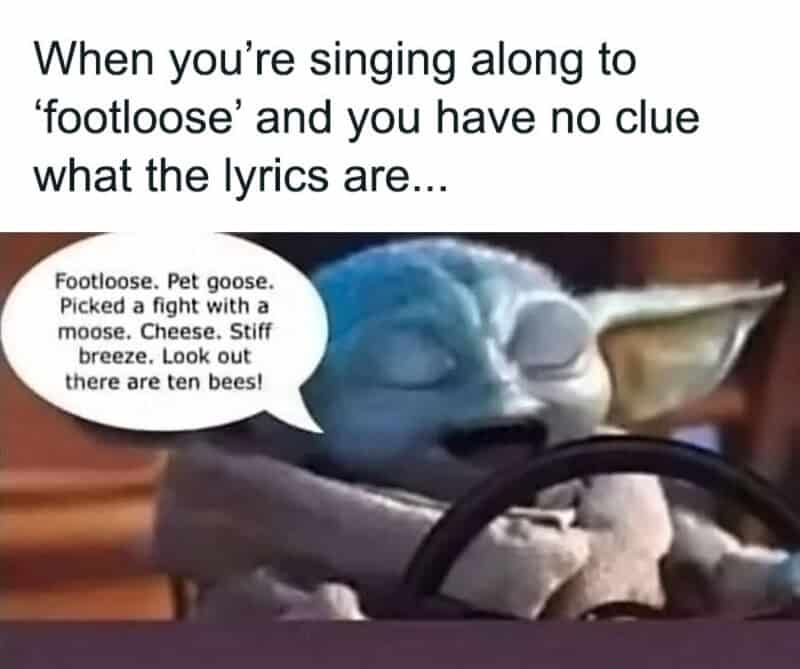 Yoda singing 'Footloose' with lyrics about a pet goose and bees.