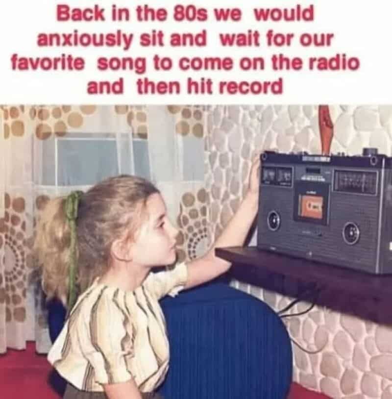 Child listening to a radio with the caption about 80s nostalgia.
