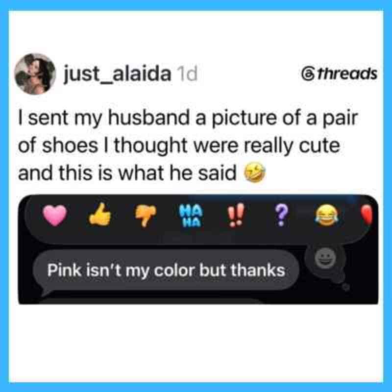 Screenshot of a social media post about sending shoes to husband with a humorous reply.