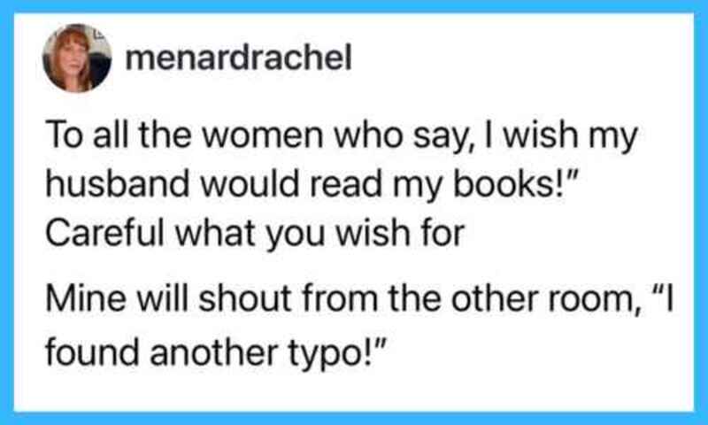 Woman's social media post about her husband reading her books and a humorous reply.