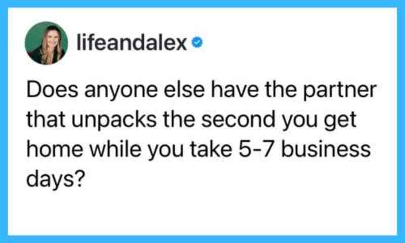 Instagram post by lifeandalex about partner unpacking after business trip.