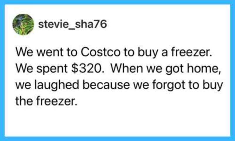 We went to Costco to buy a freezer. We spent $320. When we got home, we laughed because we forgot to.