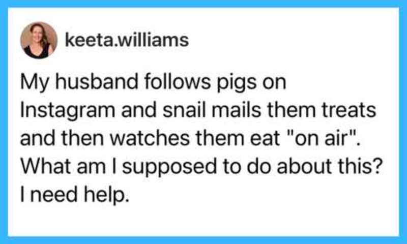 Instagram post by keeta.williams about her husband's unusual pet habits.