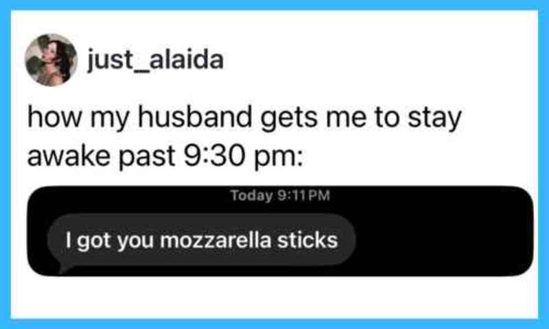 Text message saying 'I got you mozzarella sticks' from a phone screen.