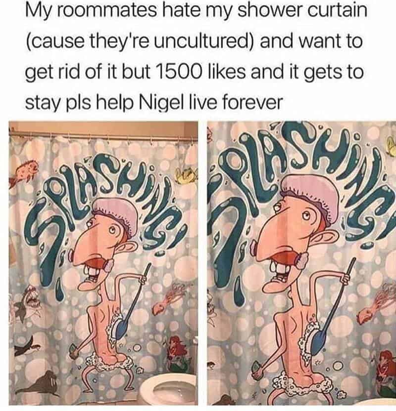 Funny shower curtain with cartoon character and 'SPLASHING' text.
