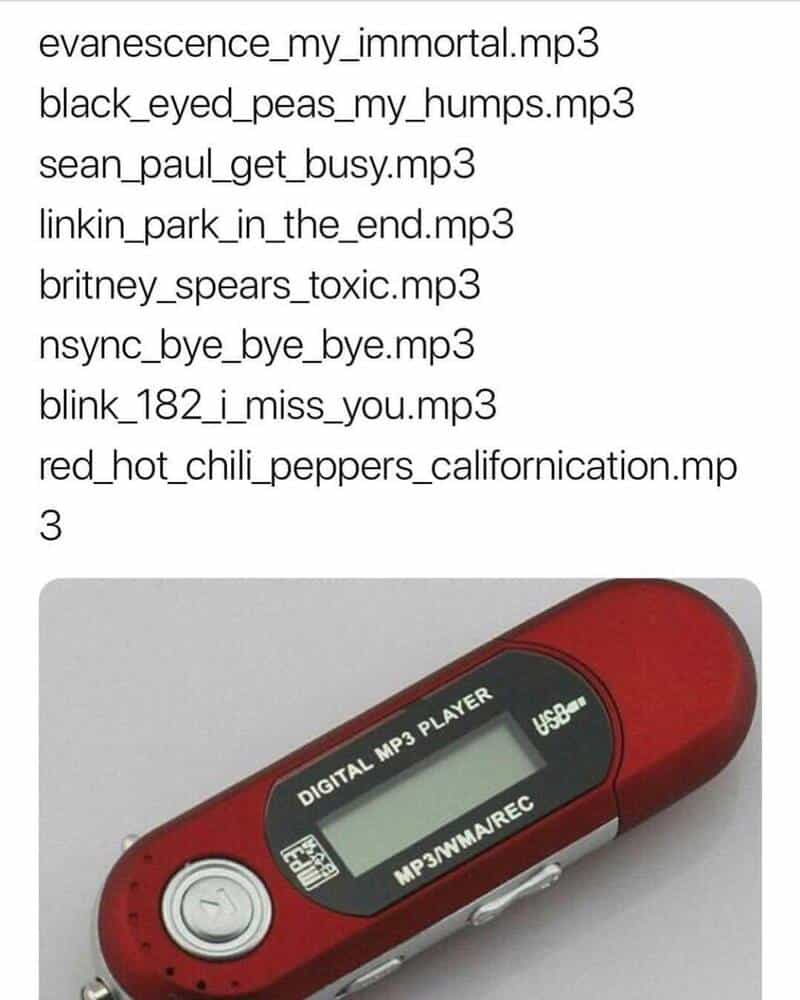 Red MP3 player with black screen and white control button.