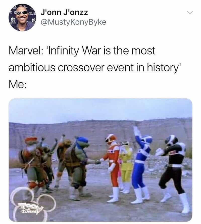 Image of Power Rangers and Teenage Mutant Ninja Turtles characters shaking hands.