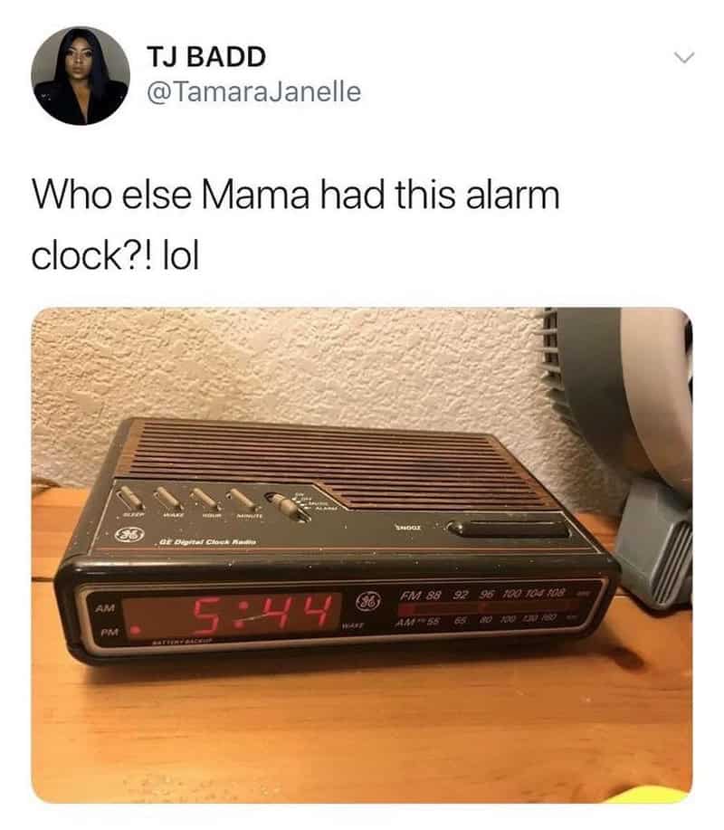 Alarm clock showing 5:44 with a humorous caption about a mom's alarm clock.