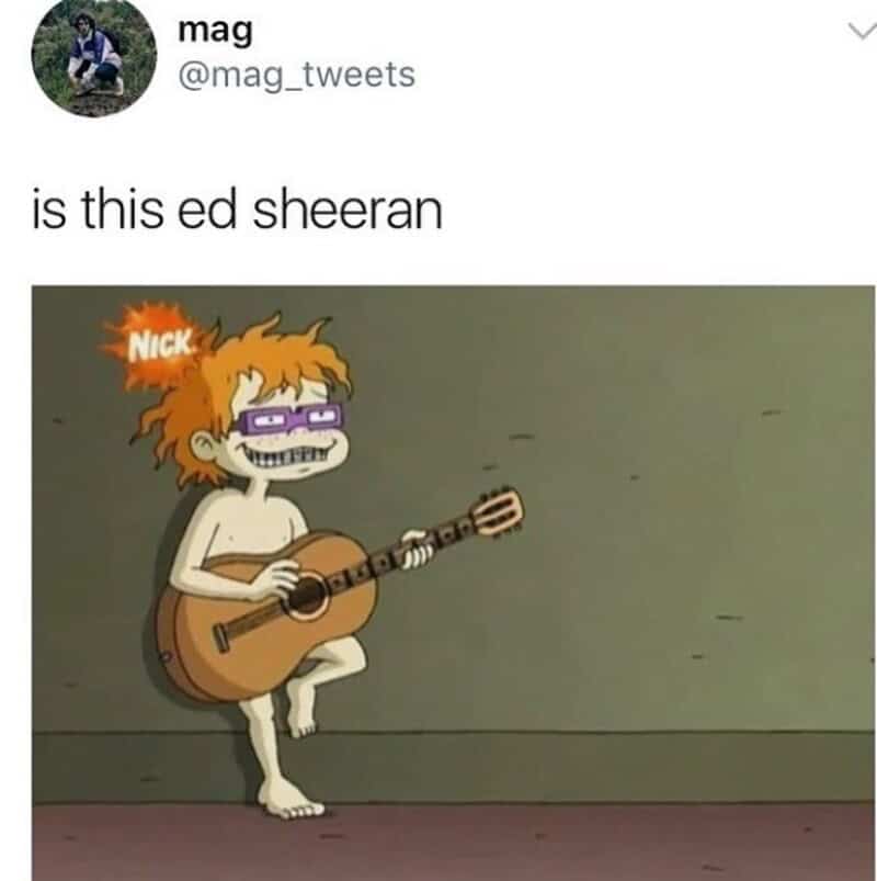 Animated character with orange hair, purple glasses, and a guitar, with Nick logo.