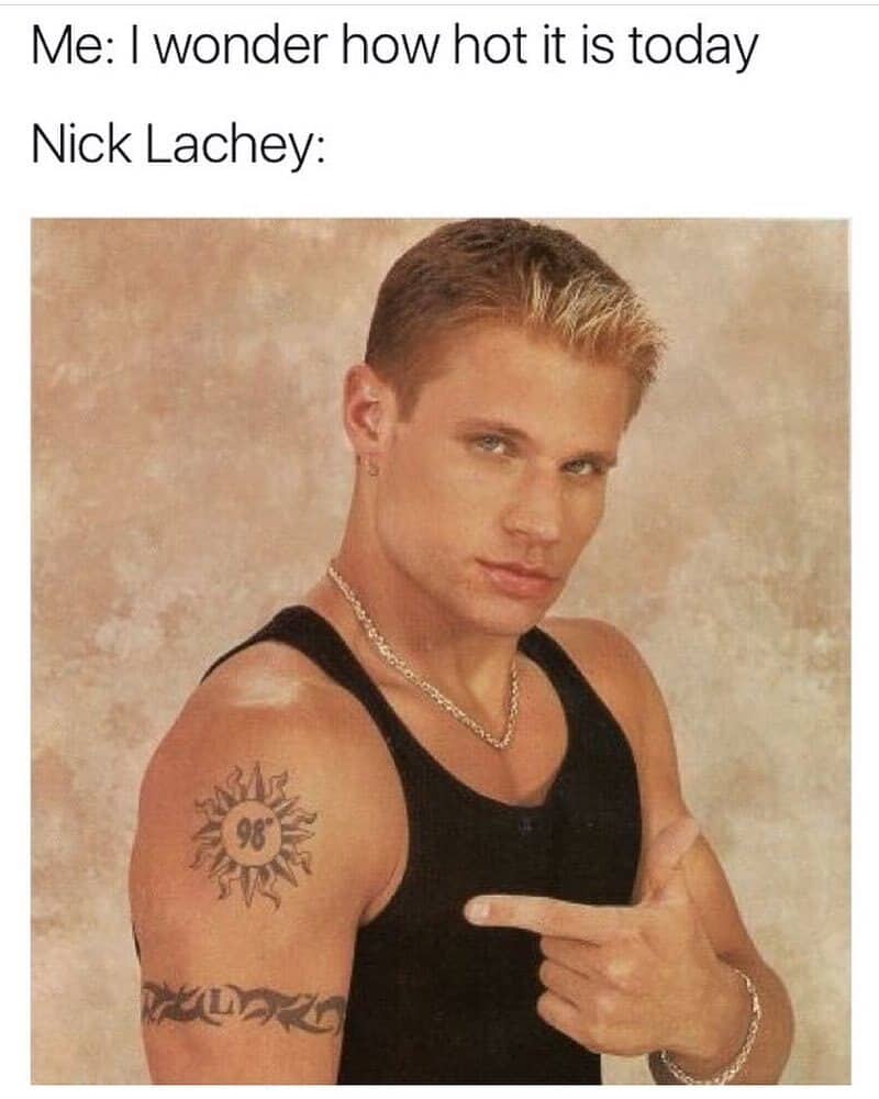 Funny meme with a young man pointing to his tattoo, caption about hot weather.