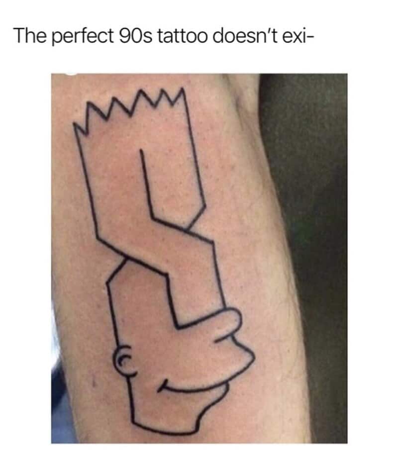 Tattoo of Bart Simpson's face with spiky hair, resembling a 90s style.