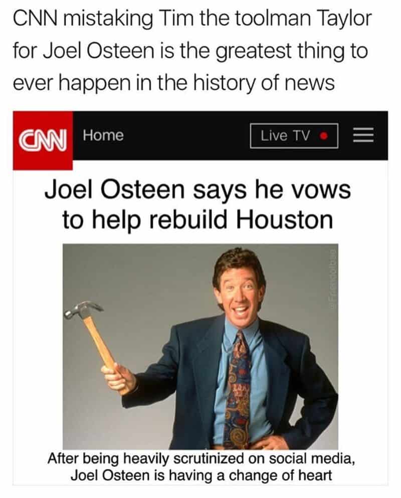 CNN news screenshot with Joel Osteen holding a hammer, headline about rebuilding Houston.
