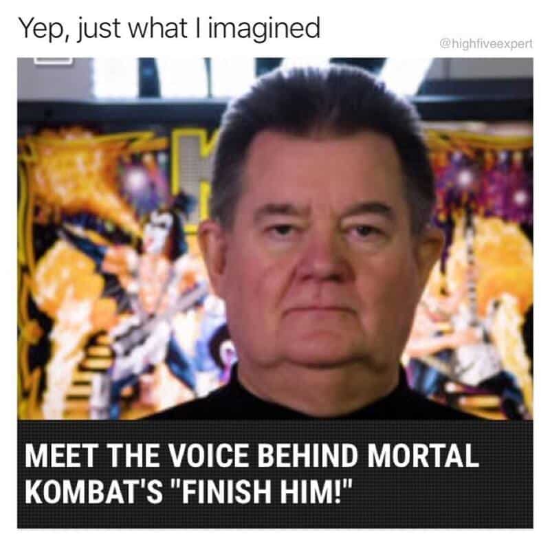 Mortal Kombat character with a serious face, behind a colorful background.