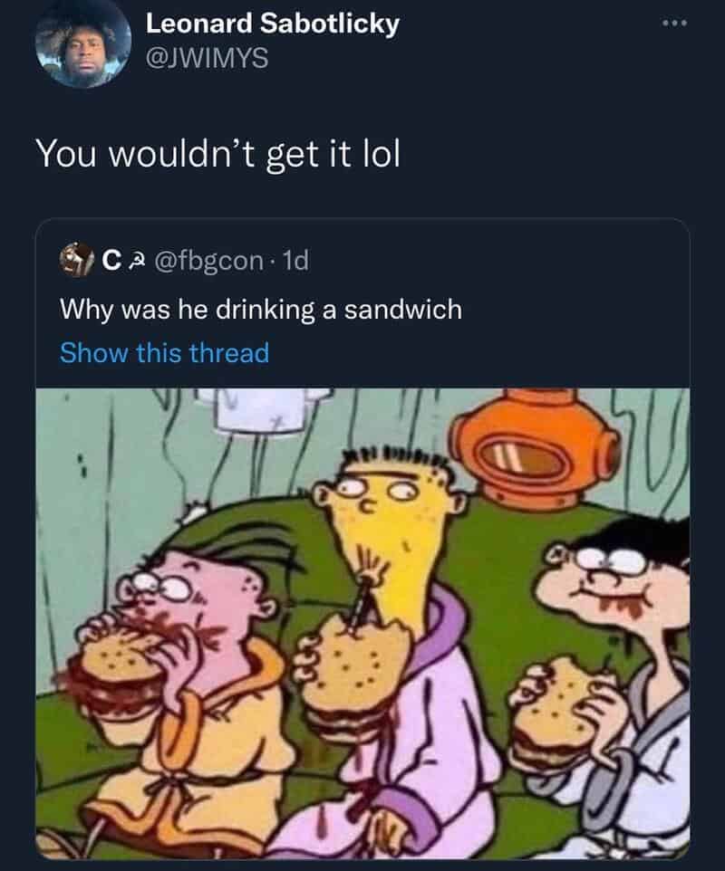 Cartoon characters eating sandwiches, one with a surprised expression.