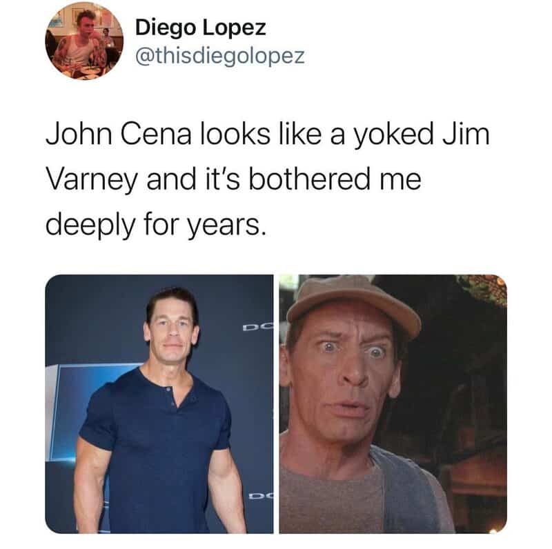 Comparison of John Cena and Jim Varney, highlighting their similar appearance.