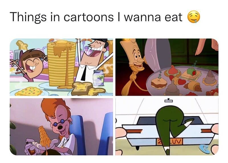 Things in cartoons I wanna eat with a smiling face emoji.