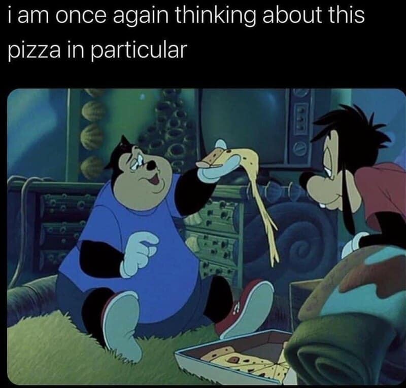 Cartoon scene with two characters, one holding a slice of pizza and the other looking at it.
