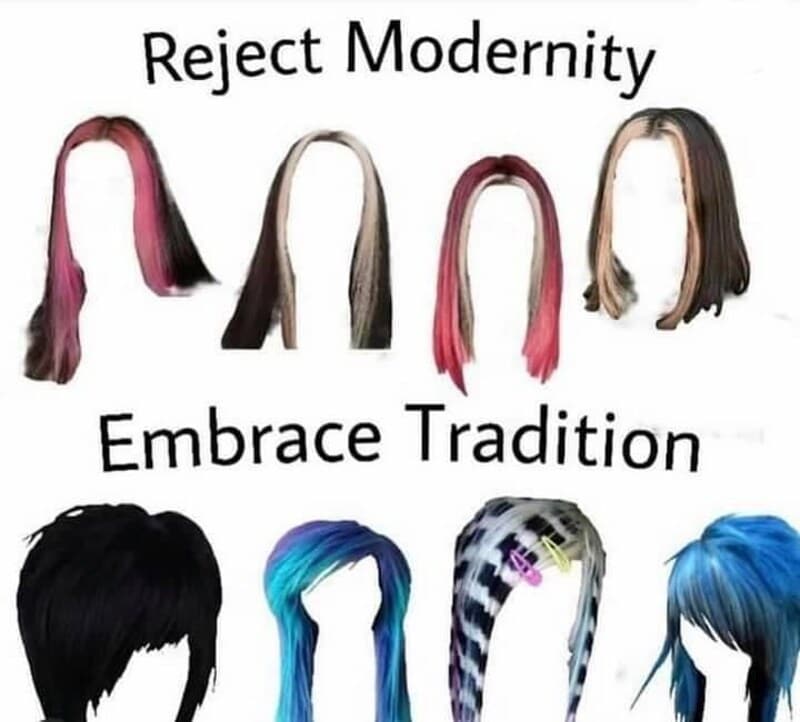 Reject Modernity Embrace Tradition with colorful hairstyles and haircuts.