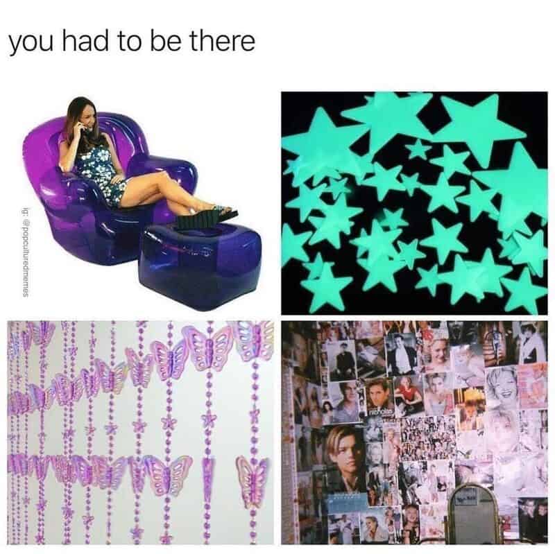 A woman sitting on a purple chair with glow-in-the-dark stars, butterflies, and photos on the wall.