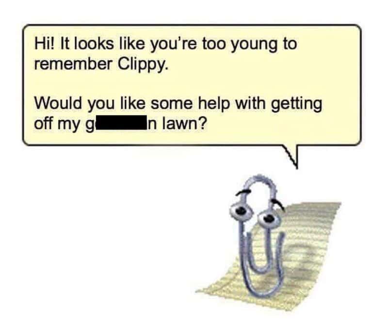 Clippy the paperclip asks for help with lawn, referencing a childhood memory.