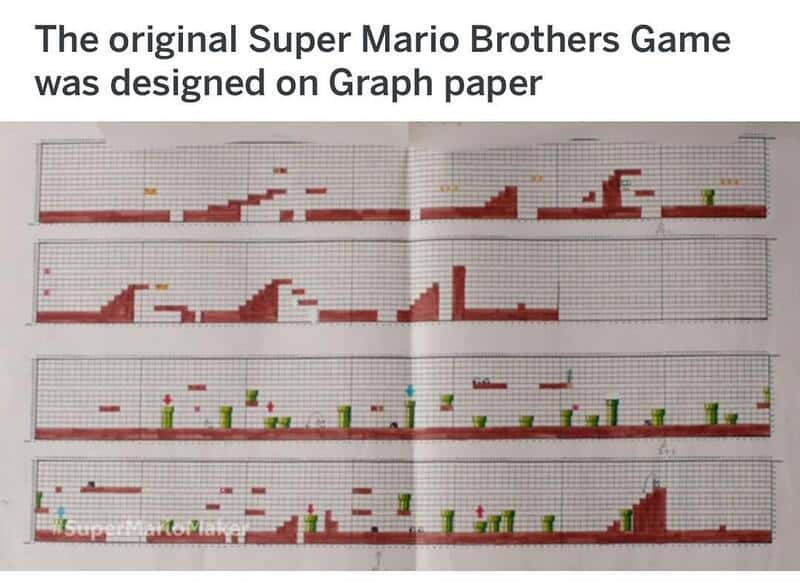 Super Mario Brothers game on graph paper with pixel art design.