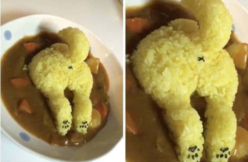 A rice dish shaped like a cat with black eyes and paws in curry.