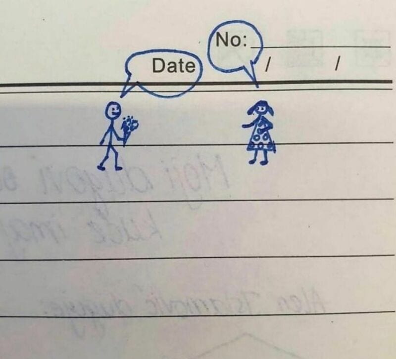 Stick figure boy giving flowers to girl, saying 'Date' and girl replying 'No:'.