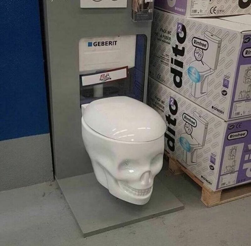 Toilet with a skull-shaped base in a store, surrounded by boxes and a gray wall.