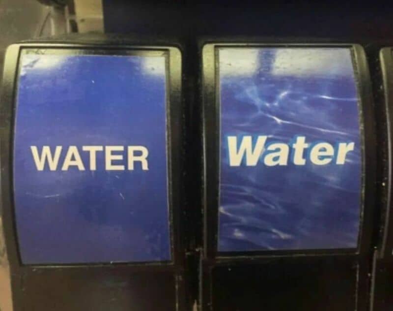 Water written on two vending machines, one with plain text and one with a water ripple background.