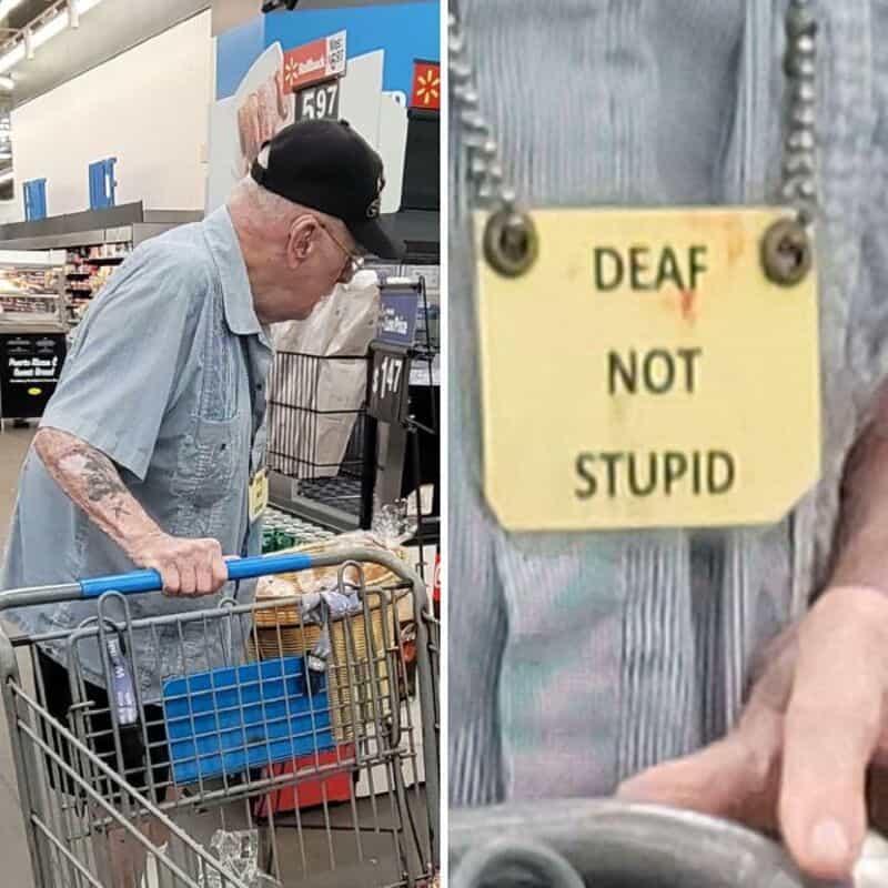 Elderly man with tattoos shopping, close-up of a sign reading 'DEAF NOT STUPID'.