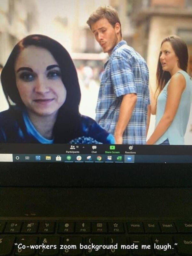 Zoom background with a woman and two people, one man and one woman, in a street scene.